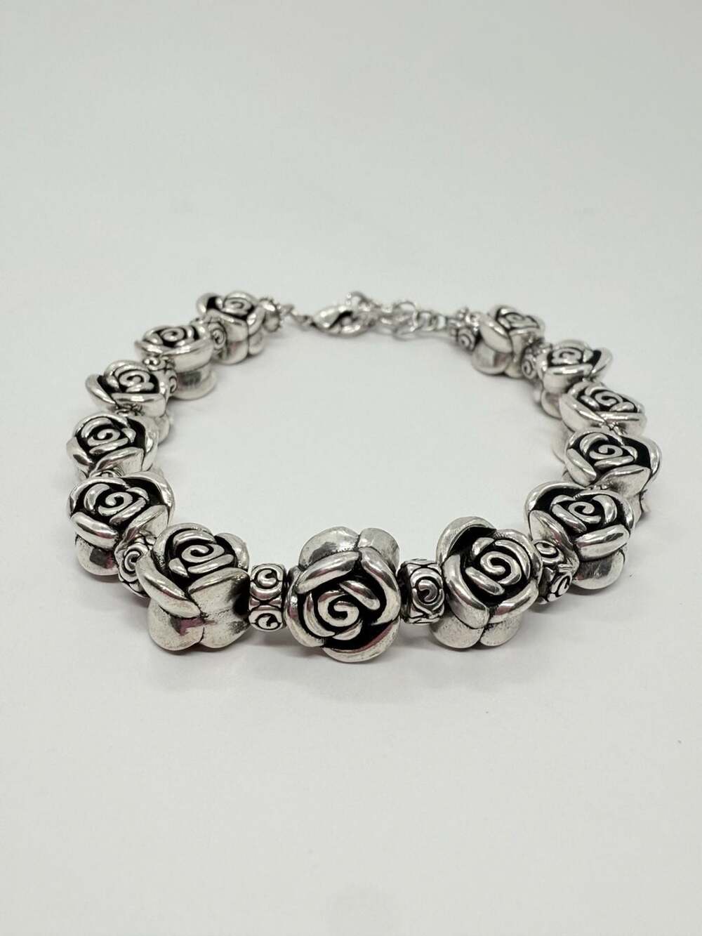 Vintage Rose Link Bracelet Silver Tone Metal